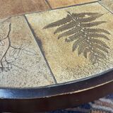 Beech coffee table with ceramic top, herbarium decoration by Raymonde Leduc Vallauris