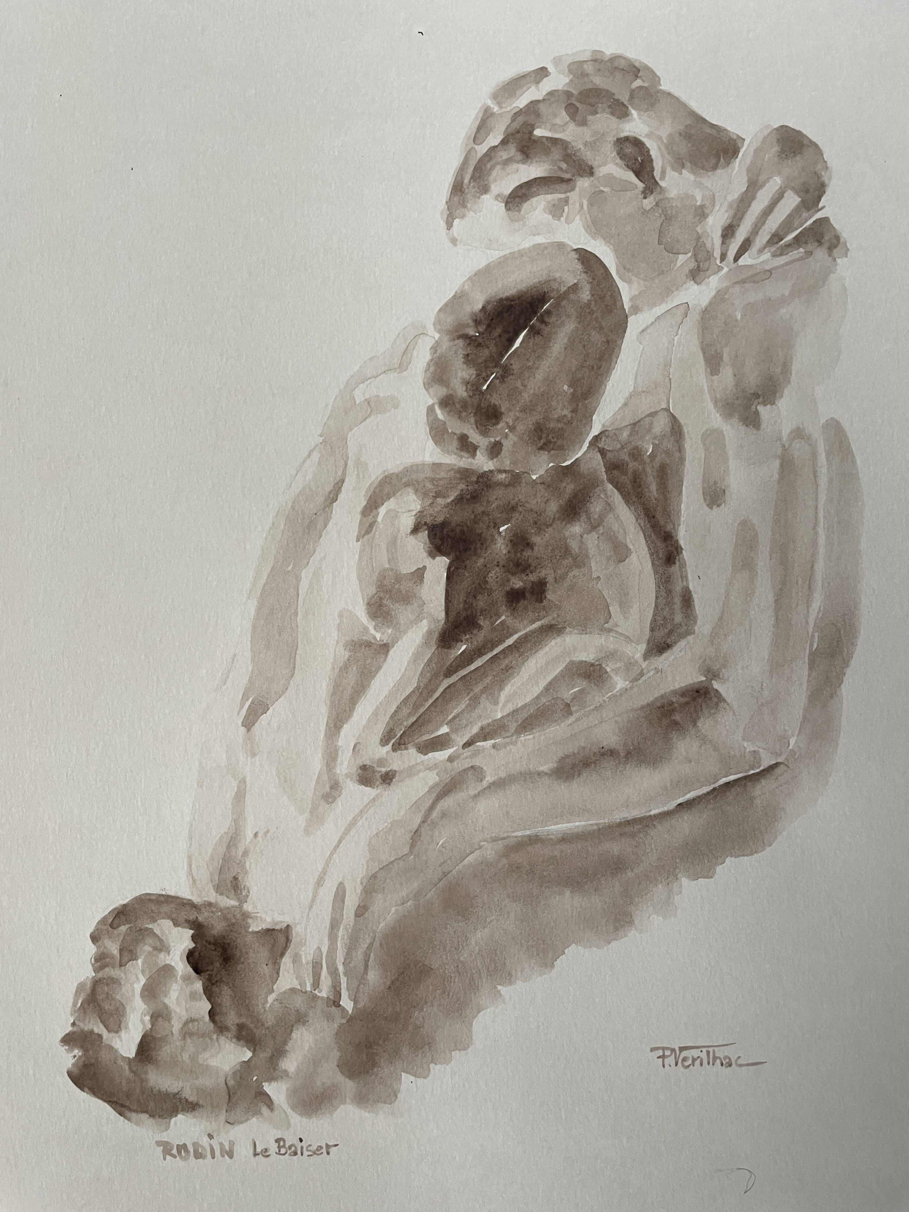 Painting signed sepia monochrome watercolor study of the statue “Rodin’s kiss”