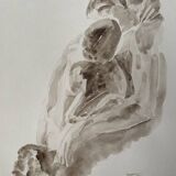 Tableau signé aquarelle monochrome sépia étude de la statue « le baiser de Rodin »