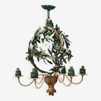 Lustre fer forgé cage aux motifs feuilles d'olivier, suspension fer forgé vintage, lampe de plafond