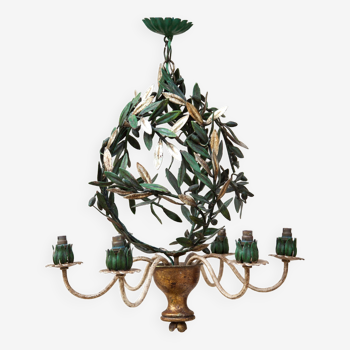 Wrought iron chandelier cage with olive leaf patterns, vintage wrought iron suspension, ceiling lamp