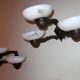 Antique pair of bronze and alabaster 3-arm wall lights, 1910