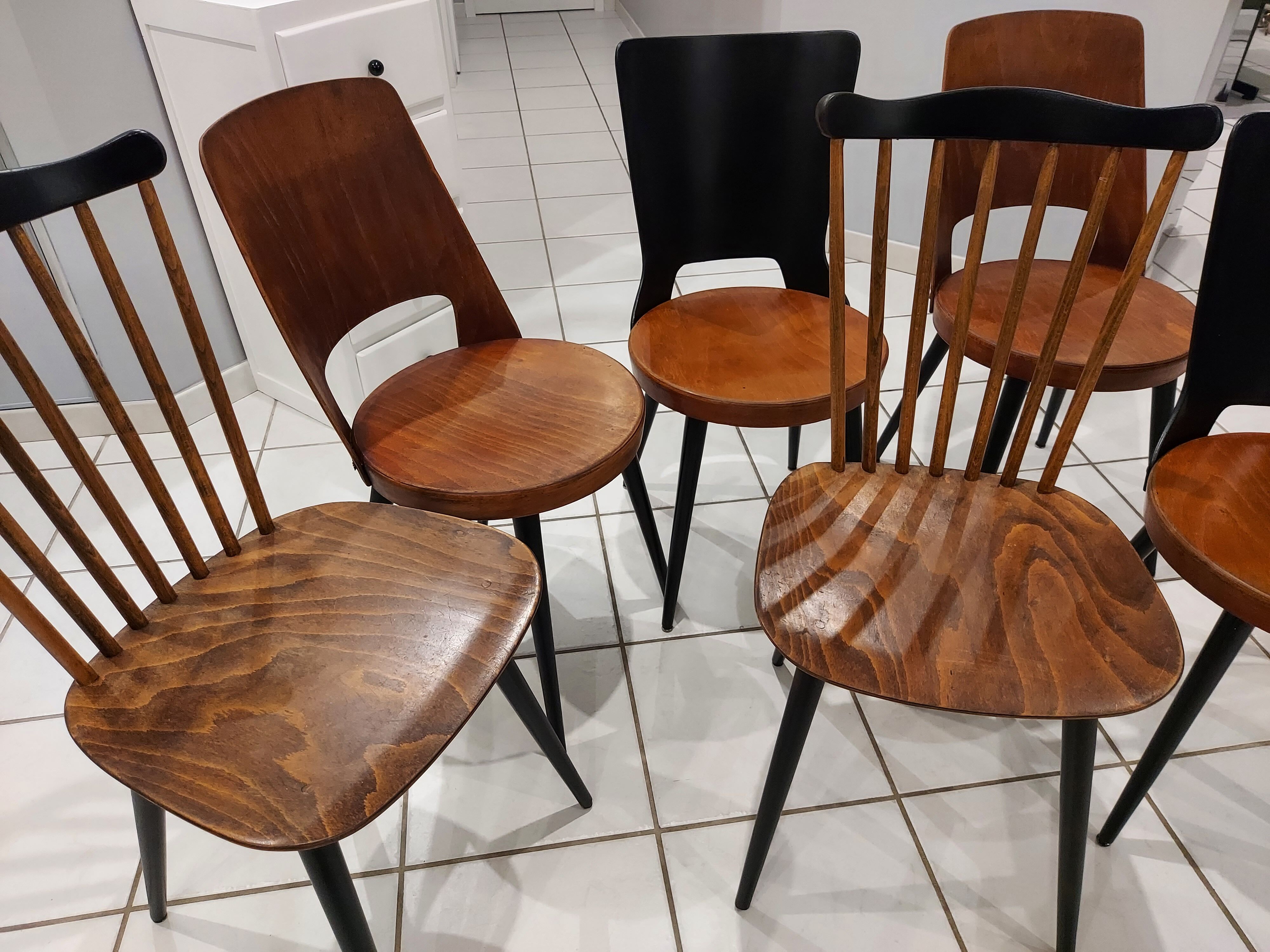 Suite of 6 chairs of Bistrot Baumann mismatched Mondor,Dove,Minuet