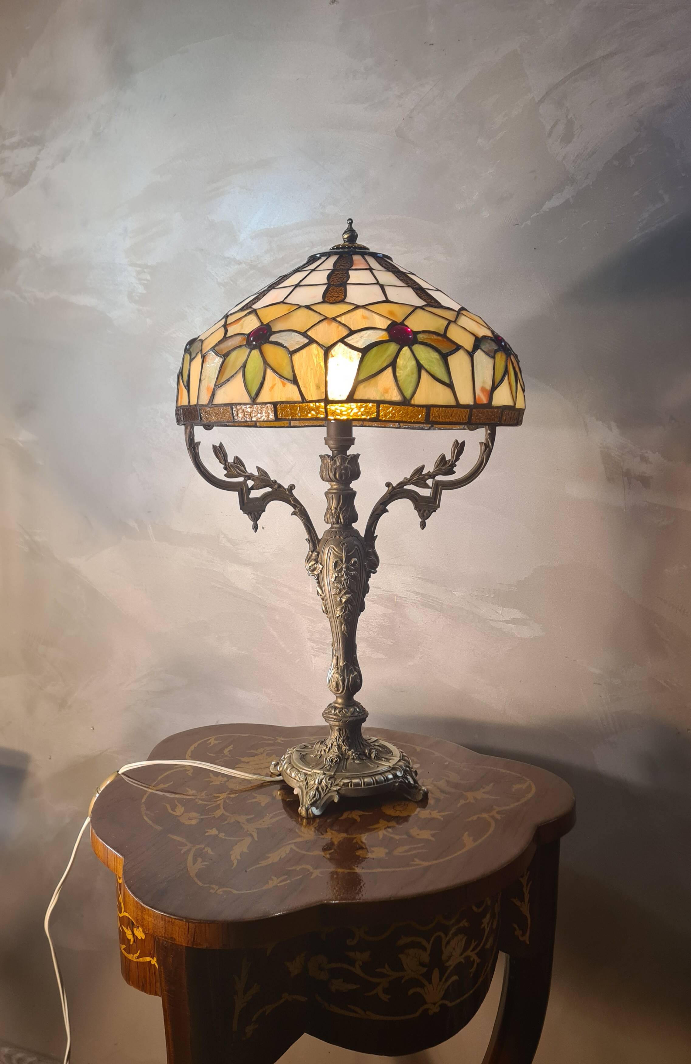 antique 19th century bronze rocaille lamp with a beautiful glass shade soldered with lead