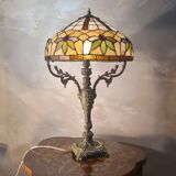 antique 19th century bronze rocaille lamp with a beautiful glass shade soldered with lead