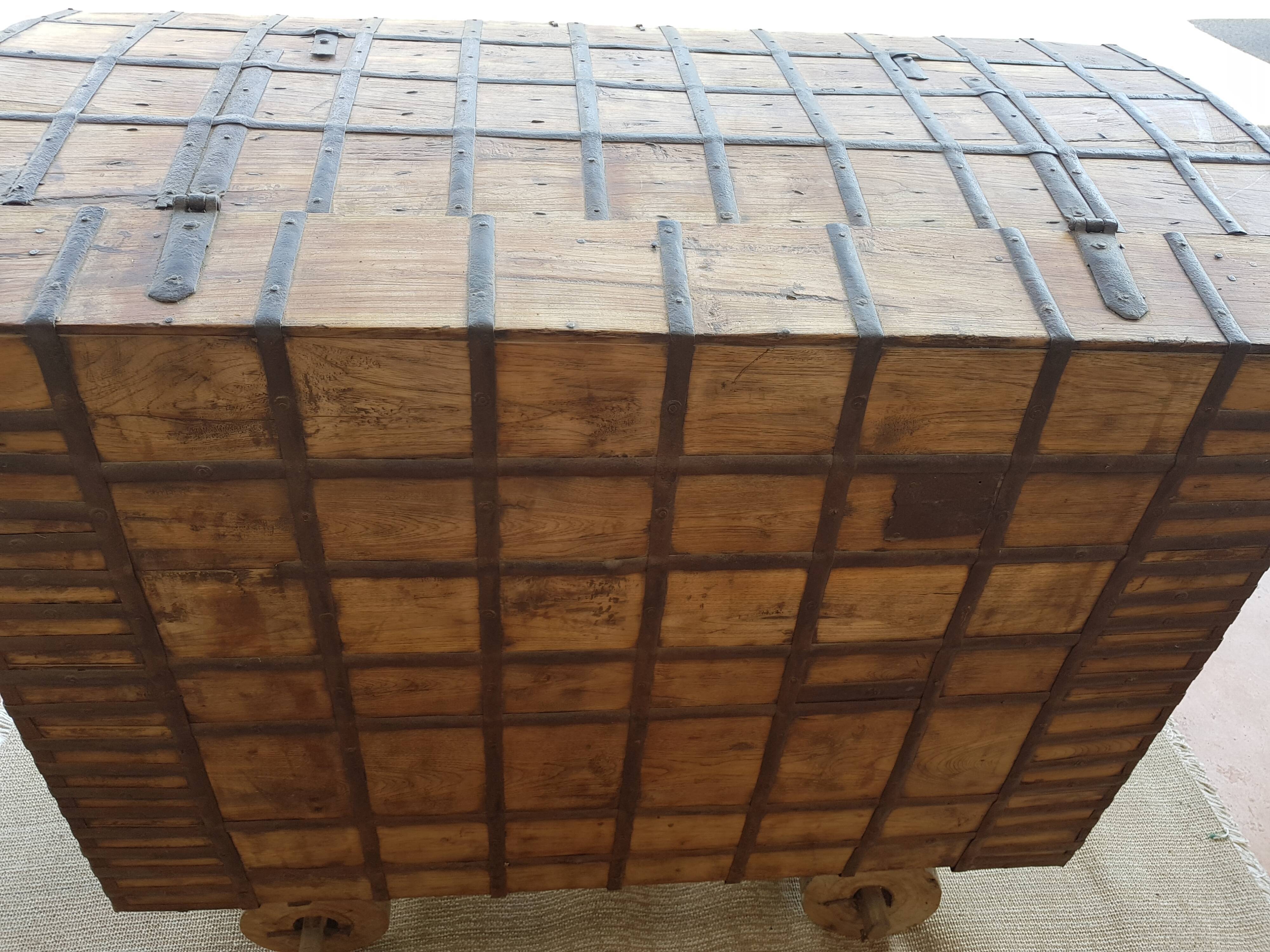 Old Vintage Indian Box on Wooden Wheels Early 20th S