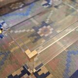 Large Italian 2-level coffee table in lucite, glass and gilt brass, 1970-80