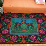 Vintage Romanian rug with deers, nature scenery on a floral background