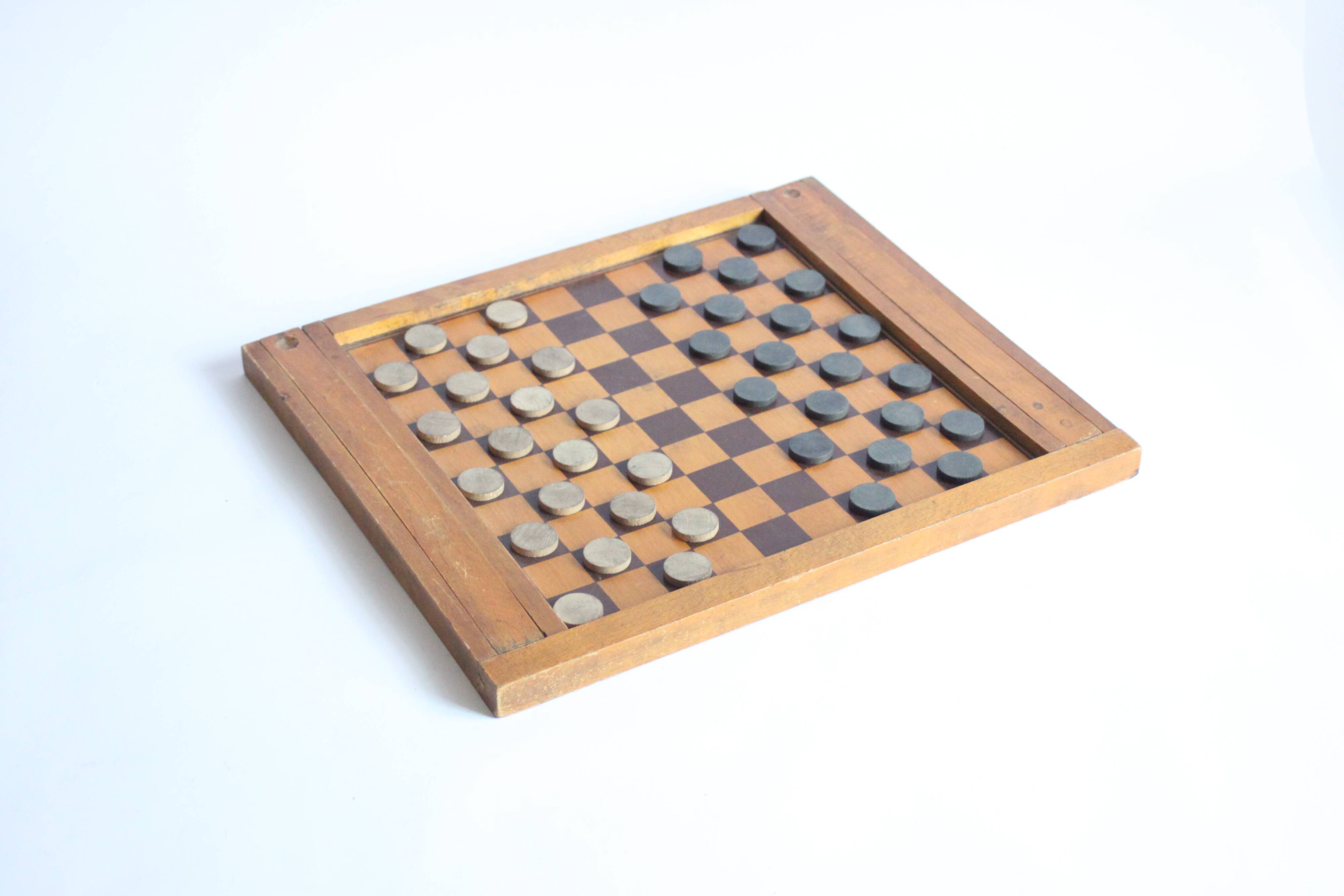 Antique wooden checkers and chess board, 1920s