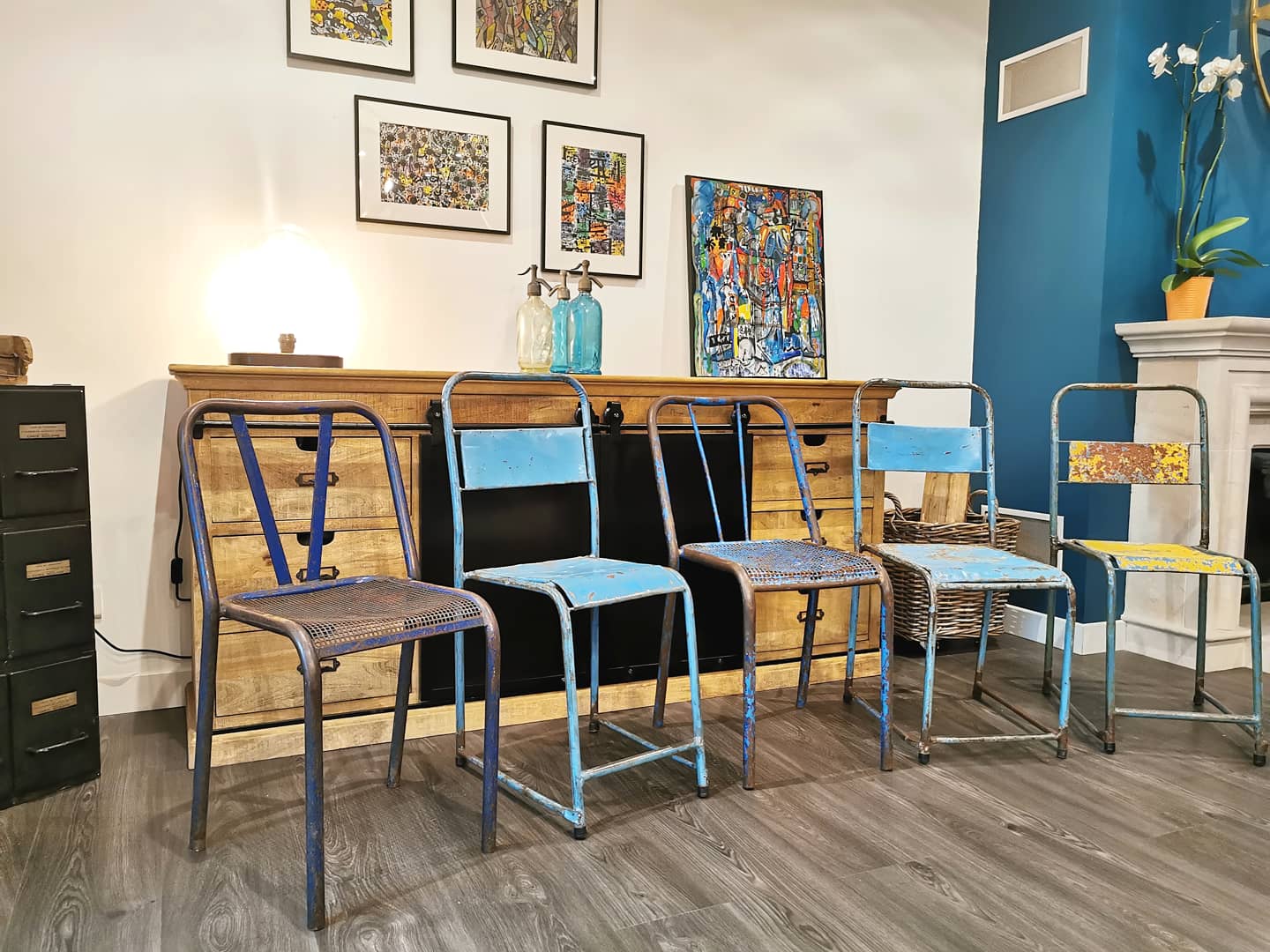 Set of 5 mismatched industrial chairs