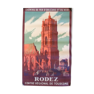 Affiche touristique originale ancienne Rodez en Aveyron