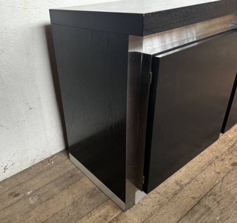 Vintage wooden and aluminum sideboard designed by the 1970s with 3 doors and 4 drawers