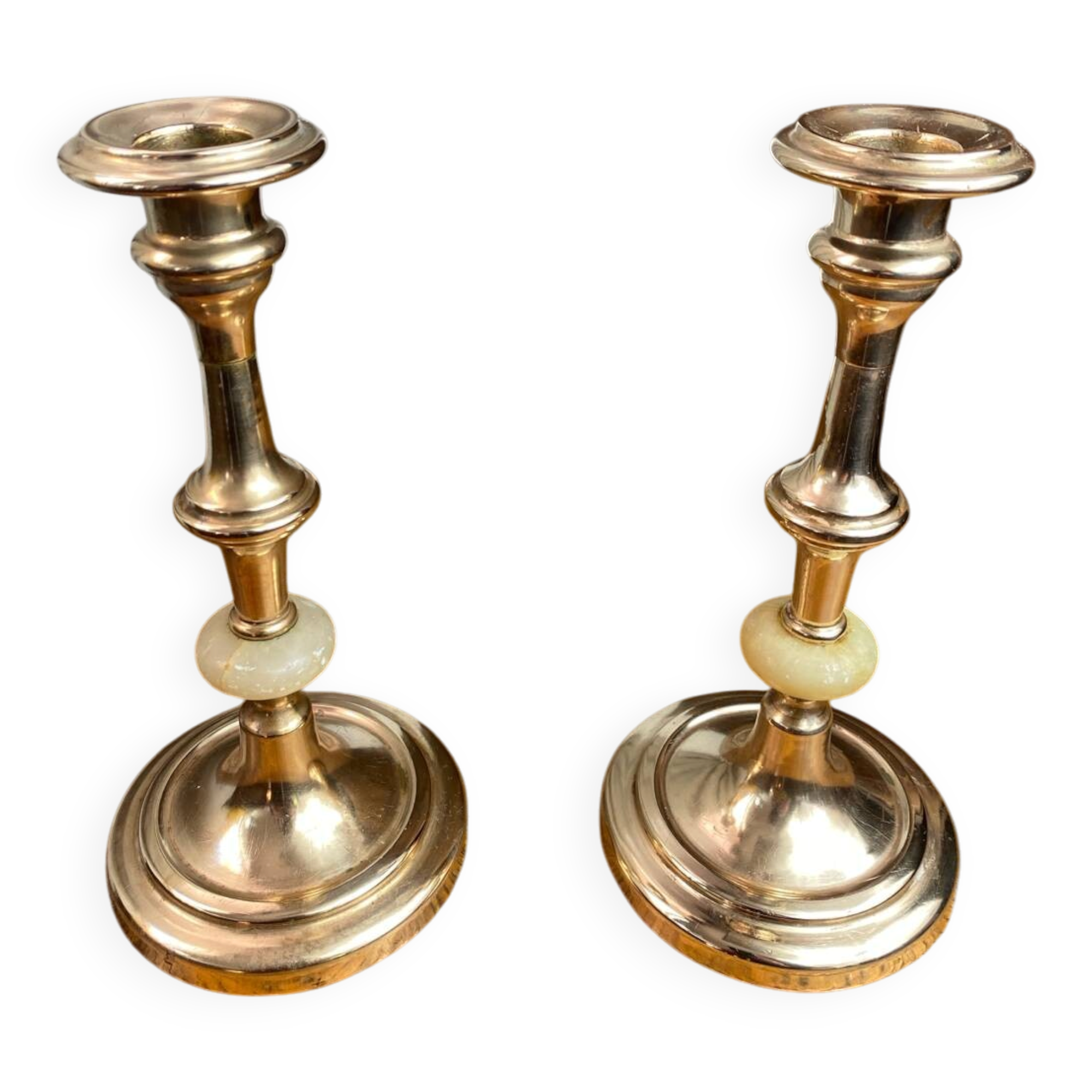 Pair of brass and stone candlesticks