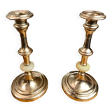 Pair of brass and stone candlesticks