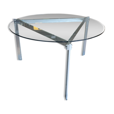 Table à manger ronde plateau en verre & structure triangle en métal brossé