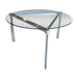 Table à manger ronde plateau en verre & structure triangle en métal brossé