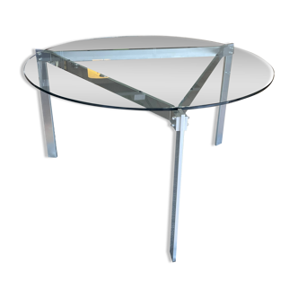 Table à manger ronde plateau en verre & structure triangle en métal brossé