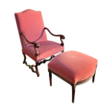 Armchair Voltaire or shepherdess and foot rest in pink velvet Louis XVI