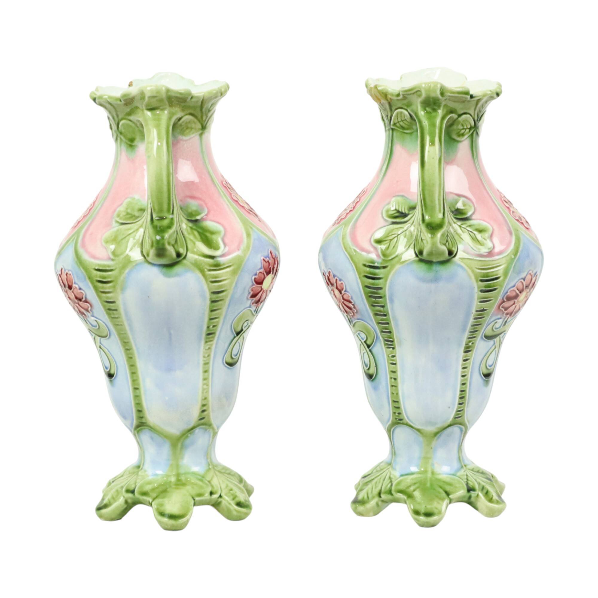 French Art Nouveau Majolica Earthenware Vases ca. 1900