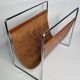 Vintage leather and chrome metal magazine rack, modernist design, 70s