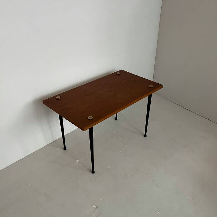 Table basse vintage bois, laiton, métal