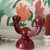Burgundy enameled ceramic candlestick / candelabra signed CS