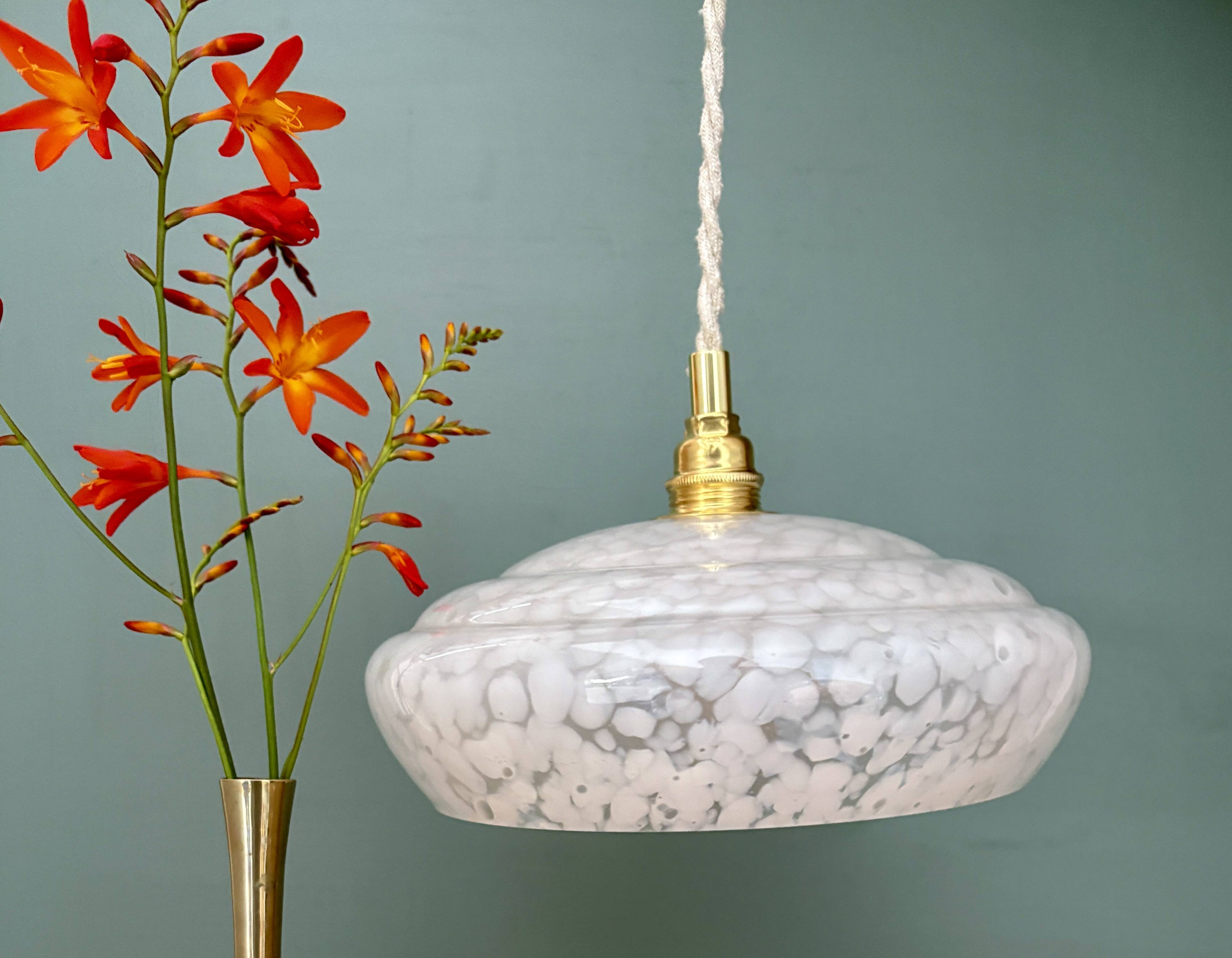 Vintage white Clichy glass lampshade pendant light