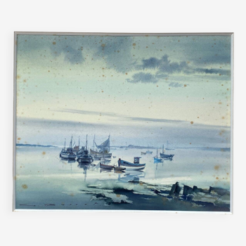 Tableau Aquarelle Gaston Barret (1910-1991) Marine Ar Harnog