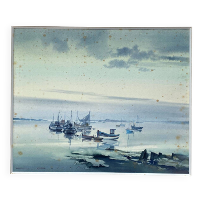 Tableau Aquarelle Gaston Barret (1910-1991) Marine Ar Harnog