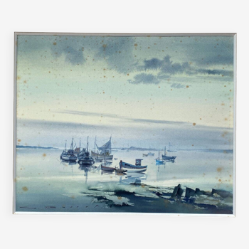 Watercolor Painting Gaston Barret (1910-1991) Marine Ar Harnog