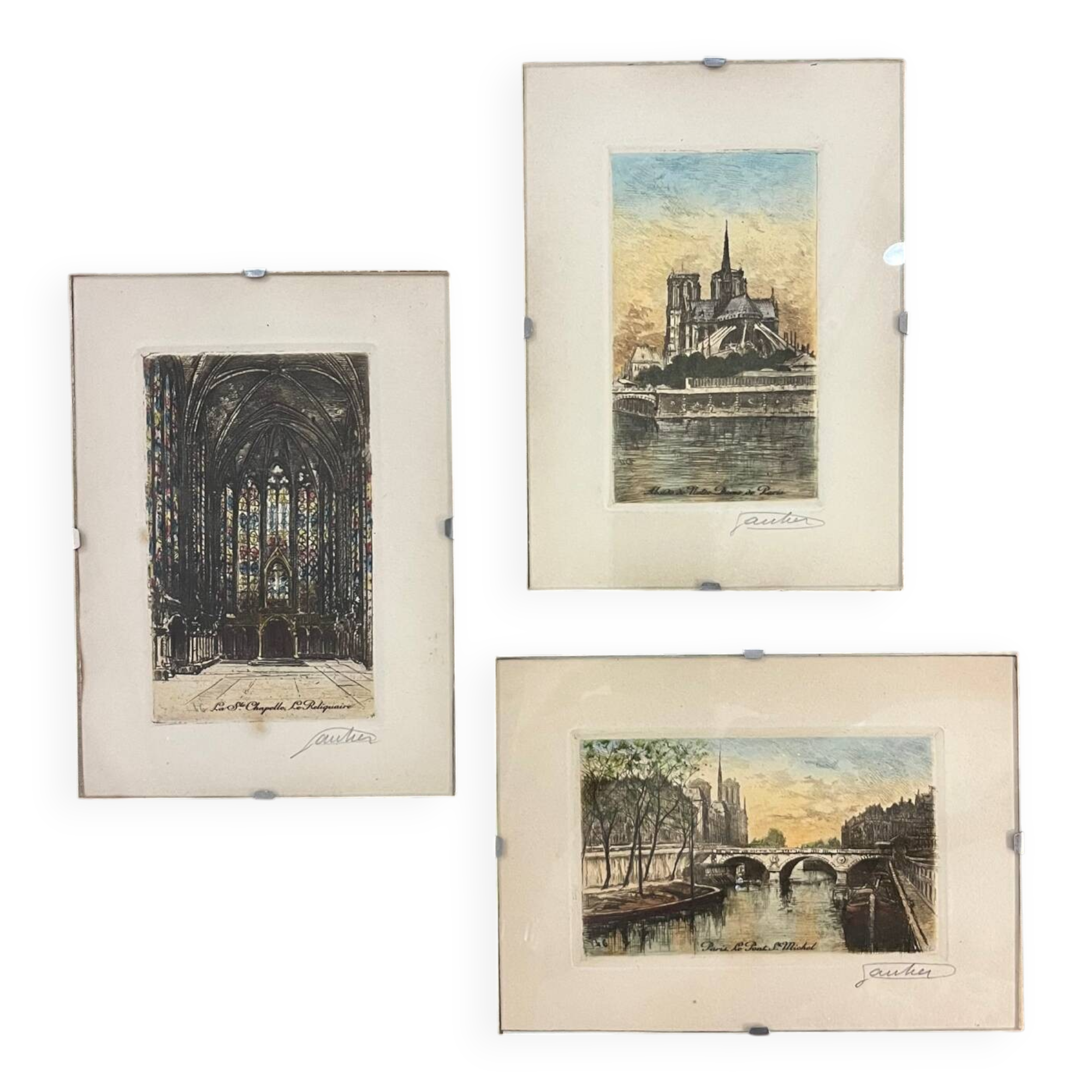 Set of 3 engravings from Paris, early 20th century, signed Gautier