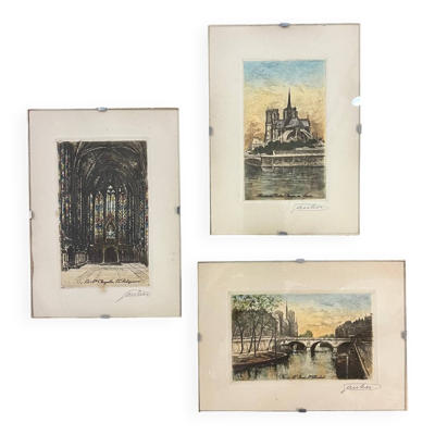 Set 3 gravures Paris début 20eme signées Gautier