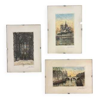 Set of 3 engravings from Paris, early 20th century, signed Gautier