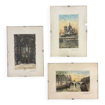 Set of 3 engravings from Paris, early 20th century, signed Gautier