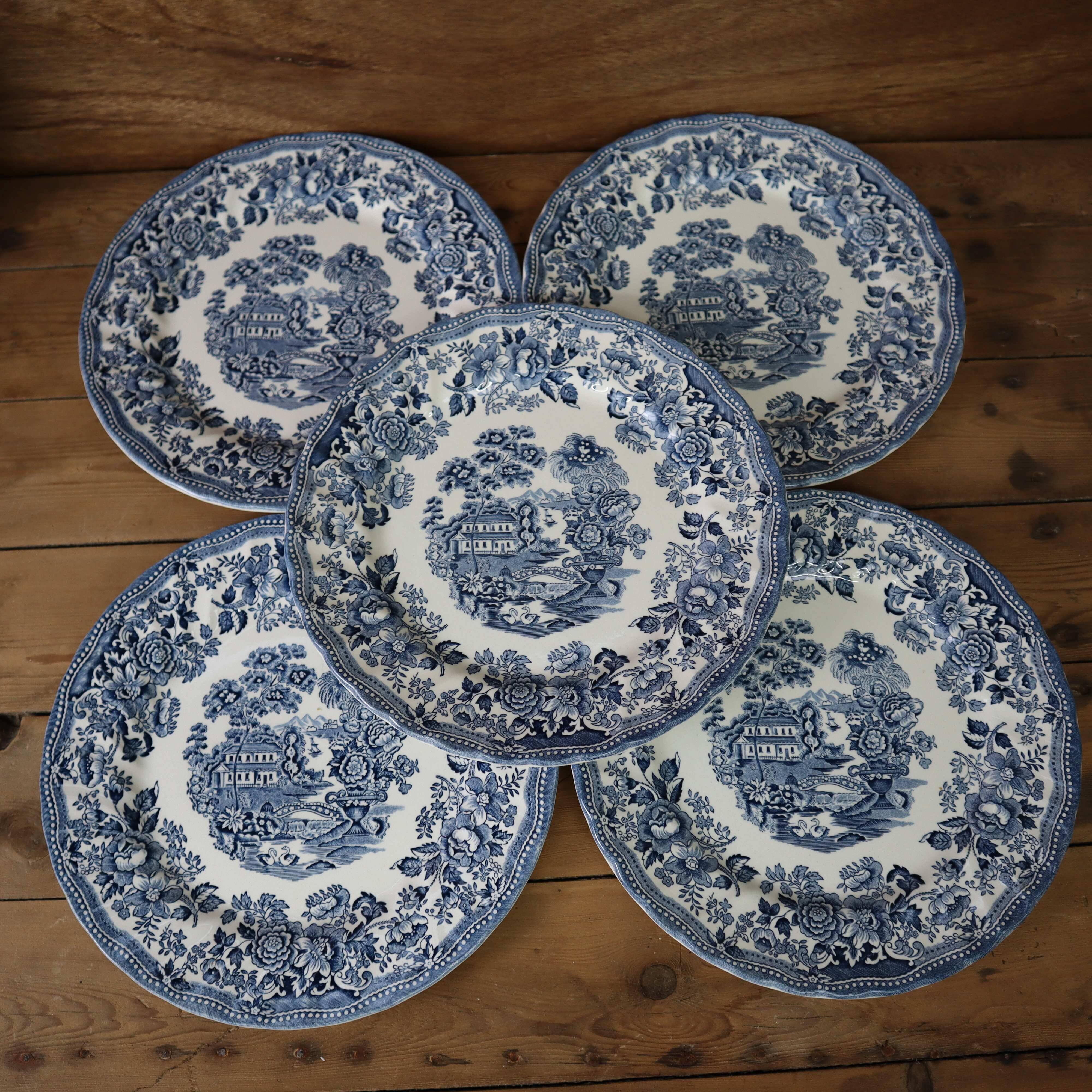 5 Tonquin and Myott English flat plates, Staffordshire blue model