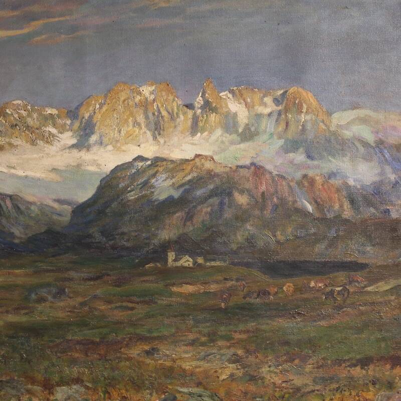 Antique Italian signed mountain landscape painting from 19th century