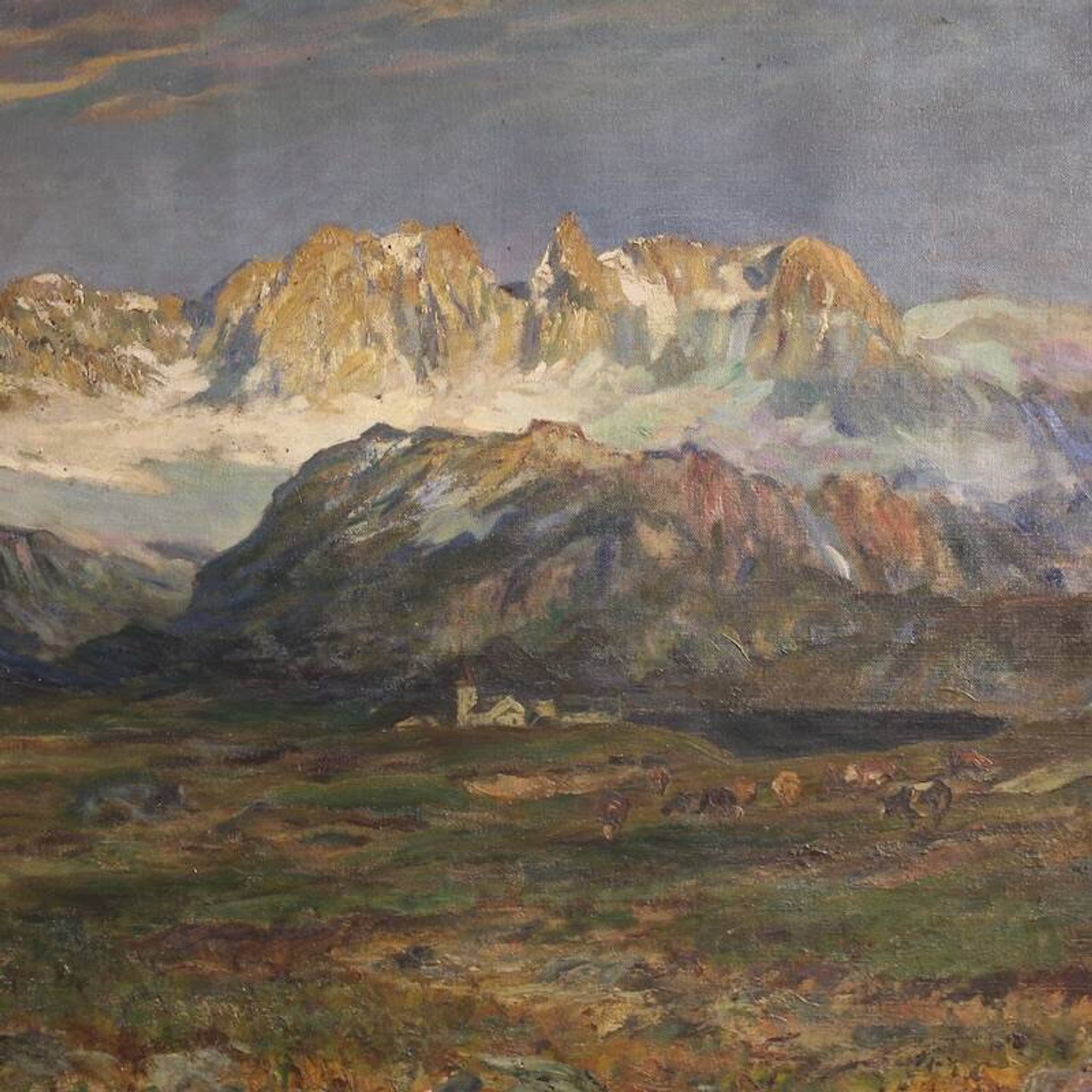 Antique Italian signed mountain landscape painting from 19th century