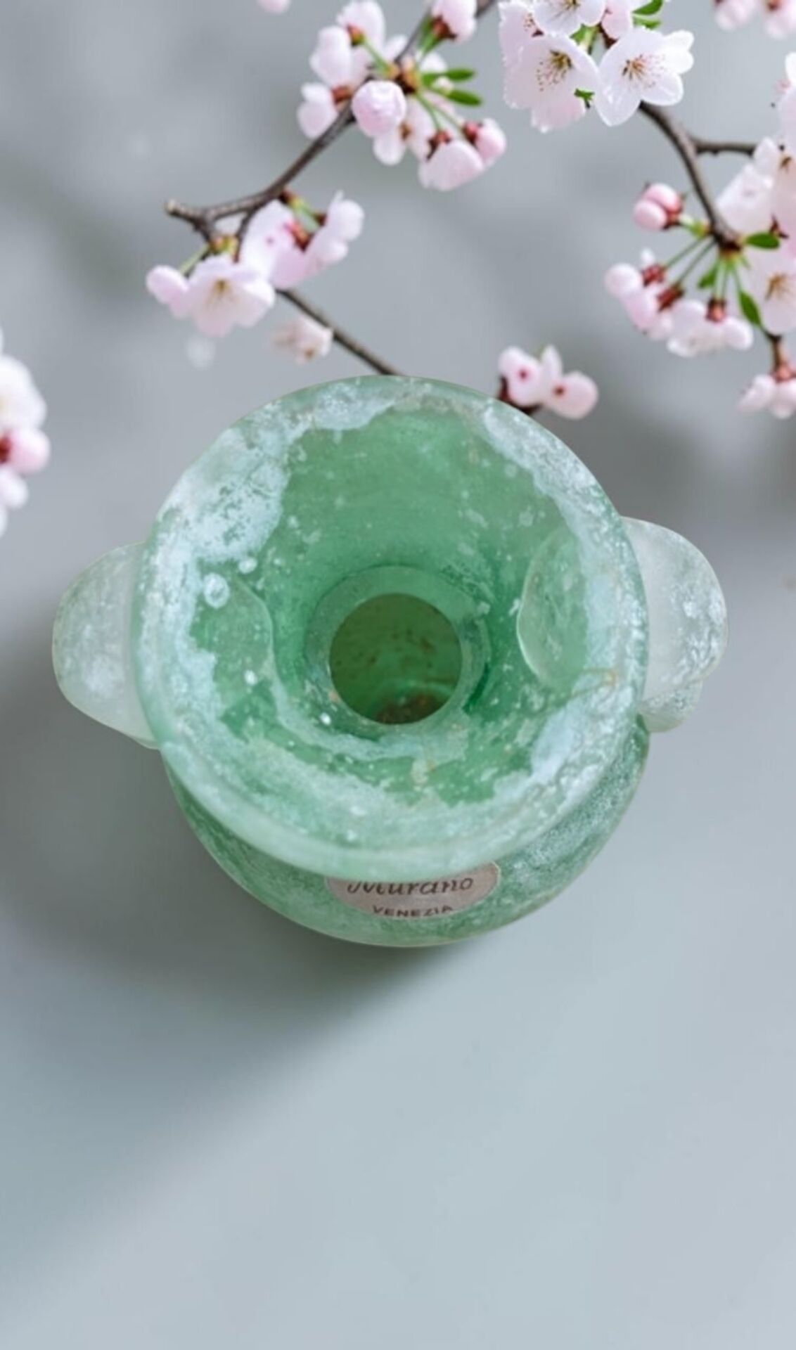 Small green Murano vase with handles – blown glass - "scavo" type