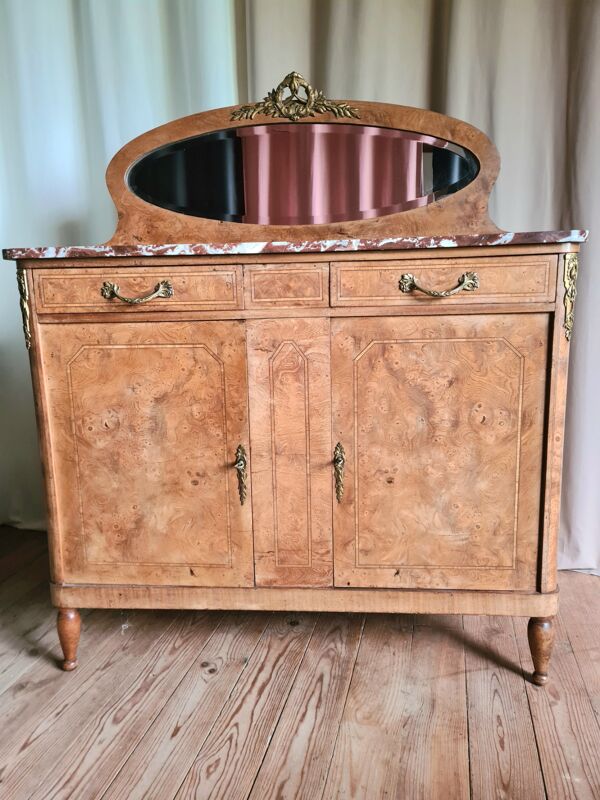 Meuble bas avec miroir biseauté en ronce de noyer