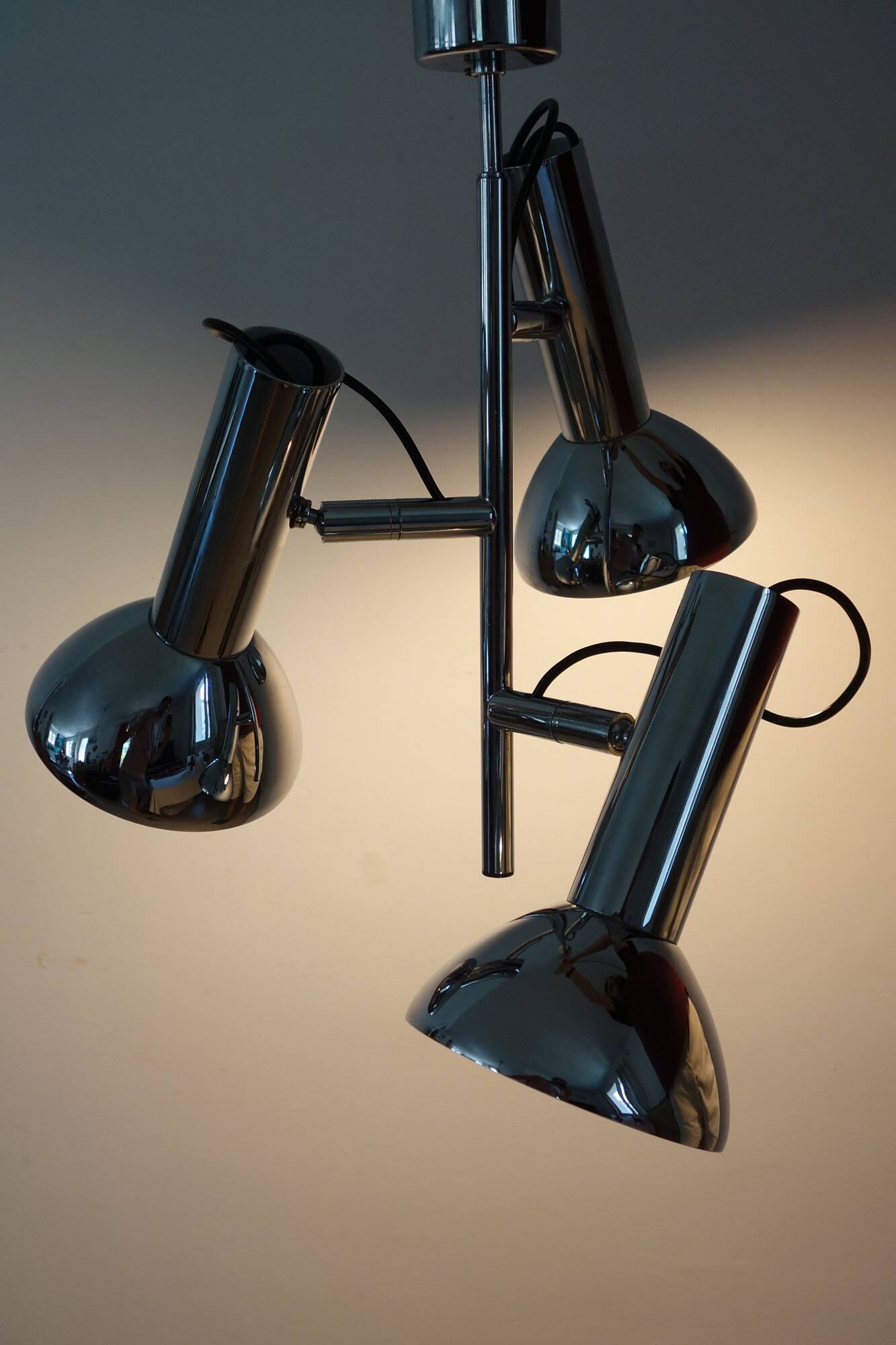 Chrome metal 3-spot chandelier from the 1970s.