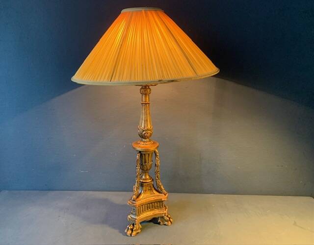Antique lamp in gilded carved wood, tripod, Napoleon III, 19th century