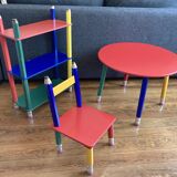 Postmodern round table, chair and bookcase by Pierre Sala 1980