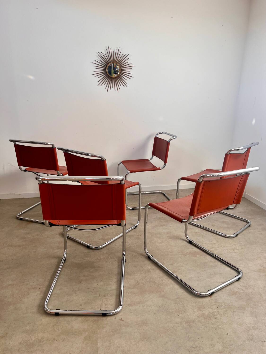 Lot 6 tubular chairs S33 design Mart Stam vintage cognac leather from the 70s