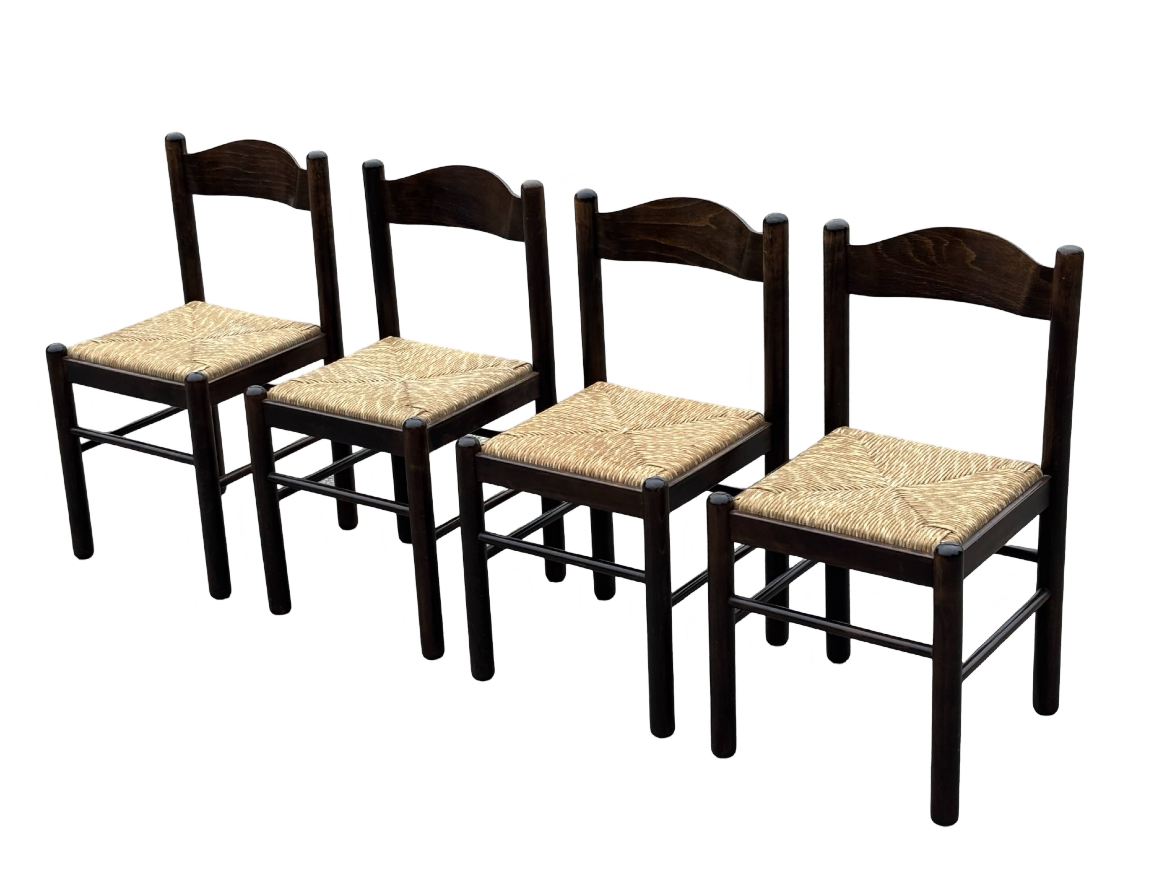 Set of 4 dark brown wooden chairs 70s minimalist design