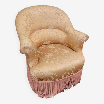 Fauteuil crapaud fleuri à franges ancien - 1930s