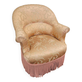 Fauteuil crapaud fleuri à franges ancien - 1930s