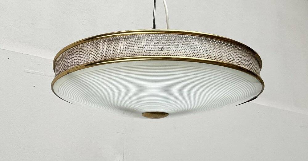 Metal ceiling pendant lamp, made of glass and metal, German mid-century modern style, 1960s.