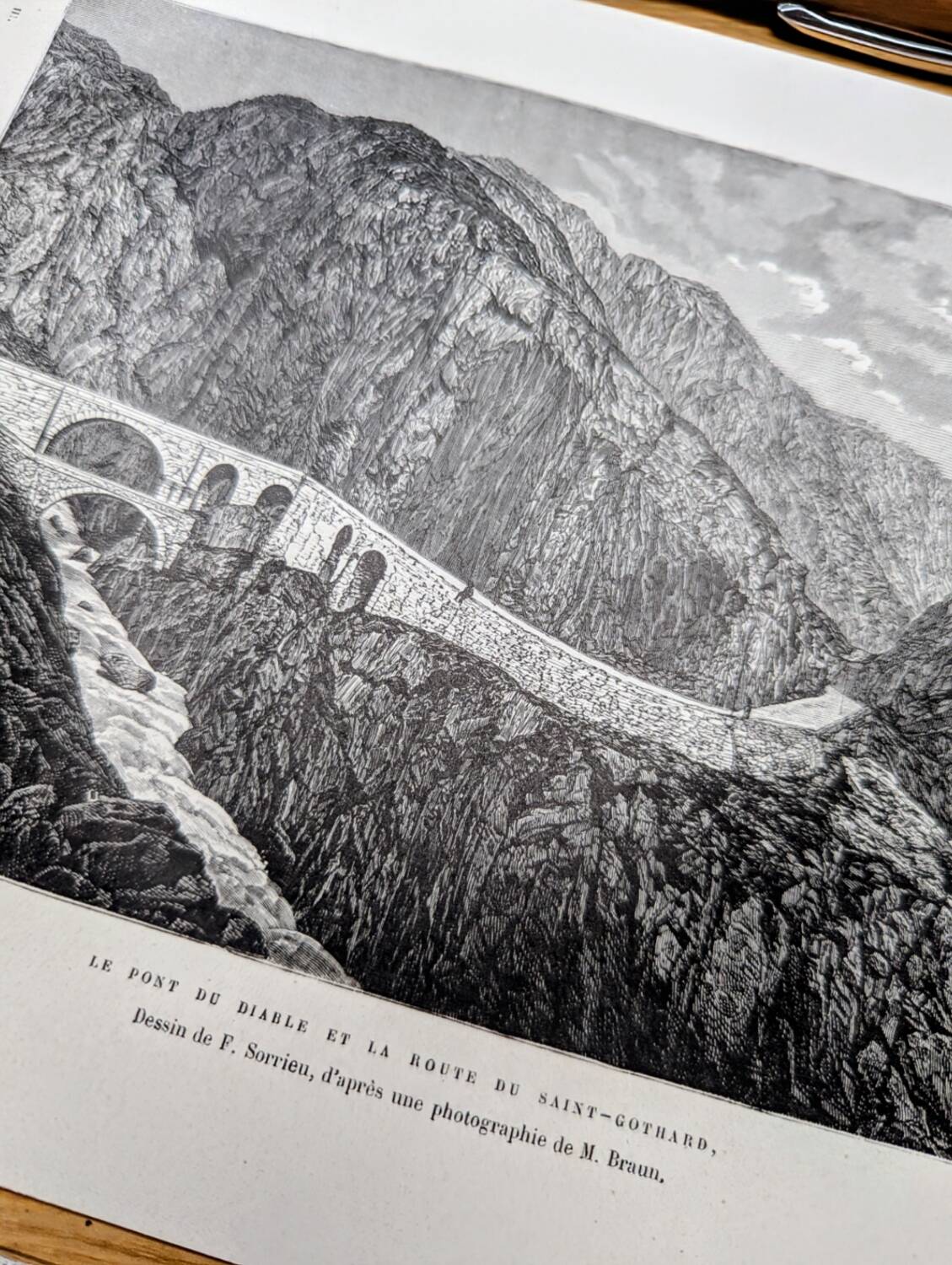 The Devil's Bridge, Schöllenen, vintage engraving, 1878.