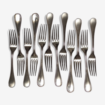 Lot de 12 fourchettes de table Christofle modèle "perles" en métal argenté des années 60