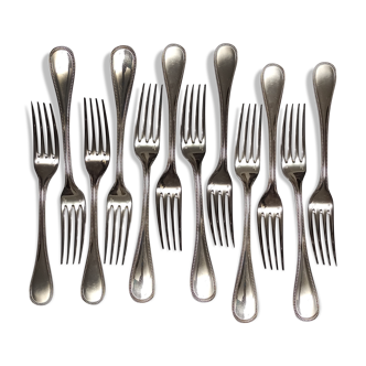 set of 12 Table Forks Christofle model "pearls" in silver metal of the 60s
